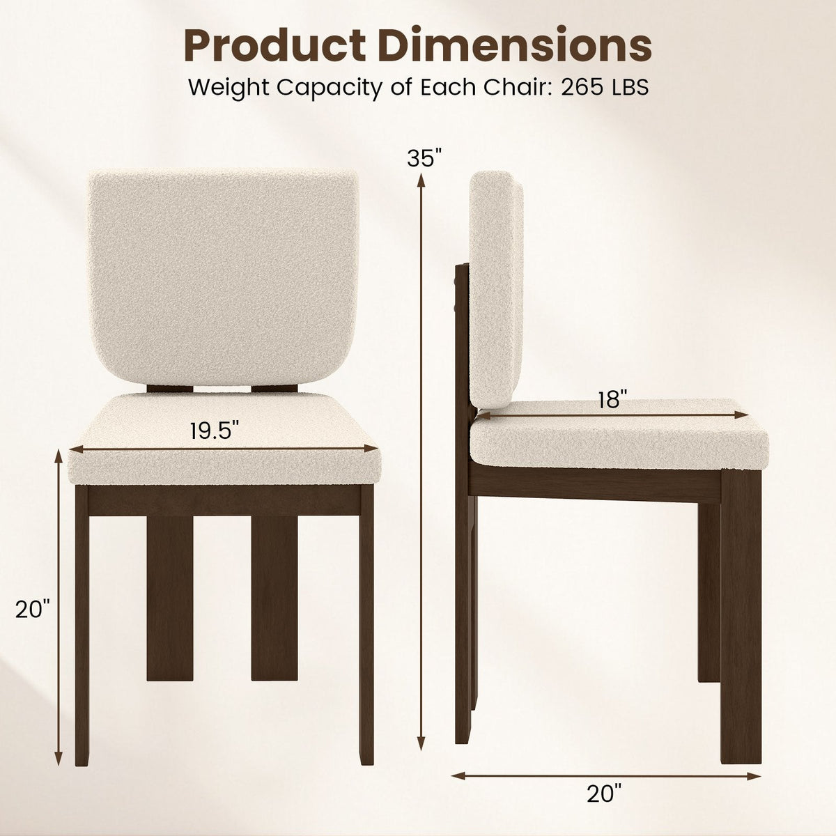 Set of 2 Sherpa Dining Chairs with Wide Seat and Square Walnut Frame