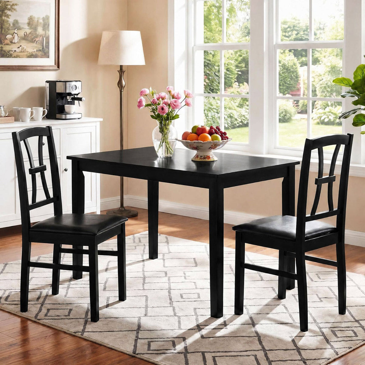 Set of 2 Dining Chairs with Patterned Back and Faux Leather Seat, Black