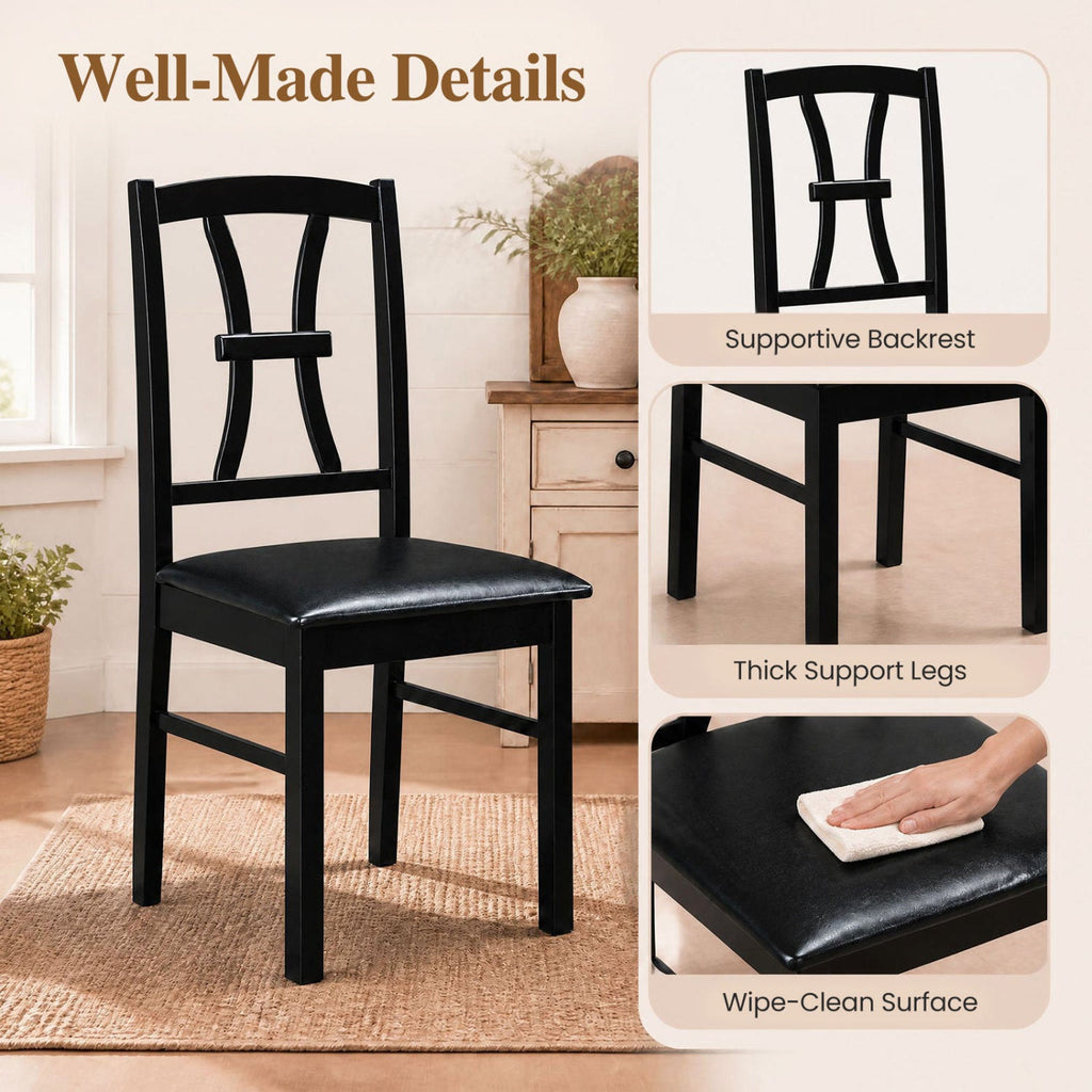 Set of 2 Dining Chairs with Patterned Back and Faux Leather Seat, Black