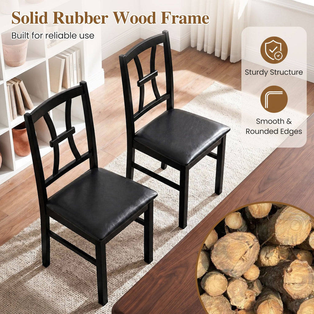 Set of 2 Dining Chairs with Patterned Back and Faux Leather Seat, Black