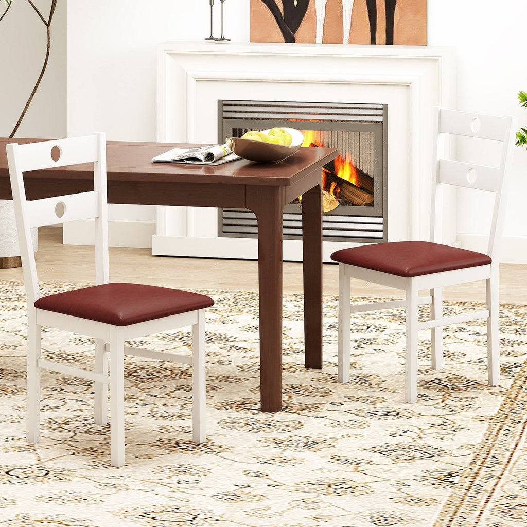 Set of 4 Dining Chairs with Hollowed Back and Burgundy PU Seat, White Rubber Wood