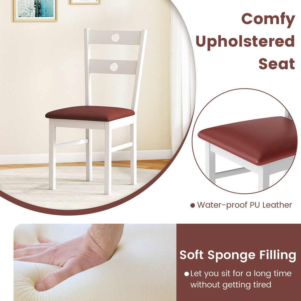 Set of 4 Dining Chairs with Hollowed Back and Burgundy PU Seat, White Rubber Wood