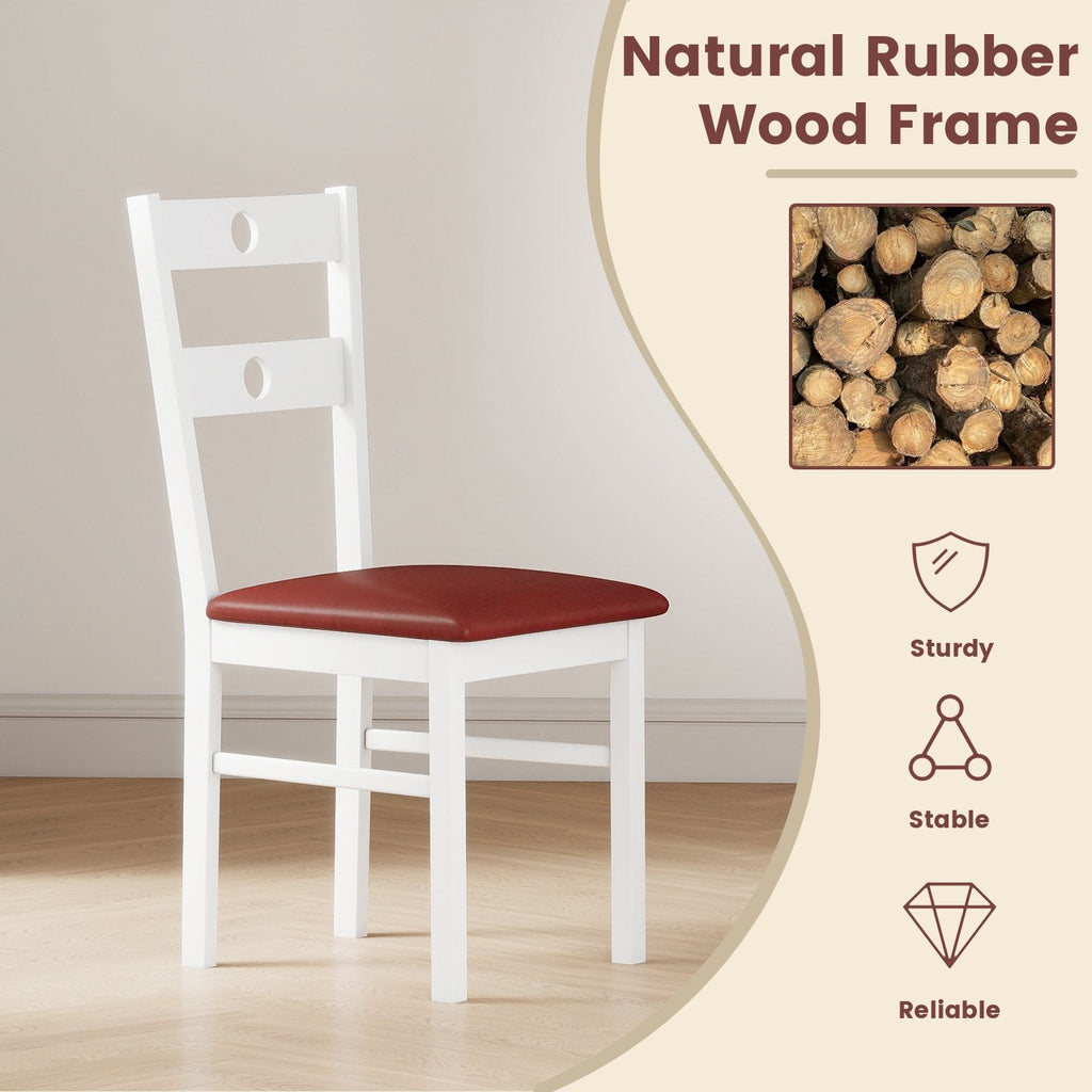 Set of 4 Dining Chairs with Hollowed Back and Burgundy PU Seat, White Rubber Wood