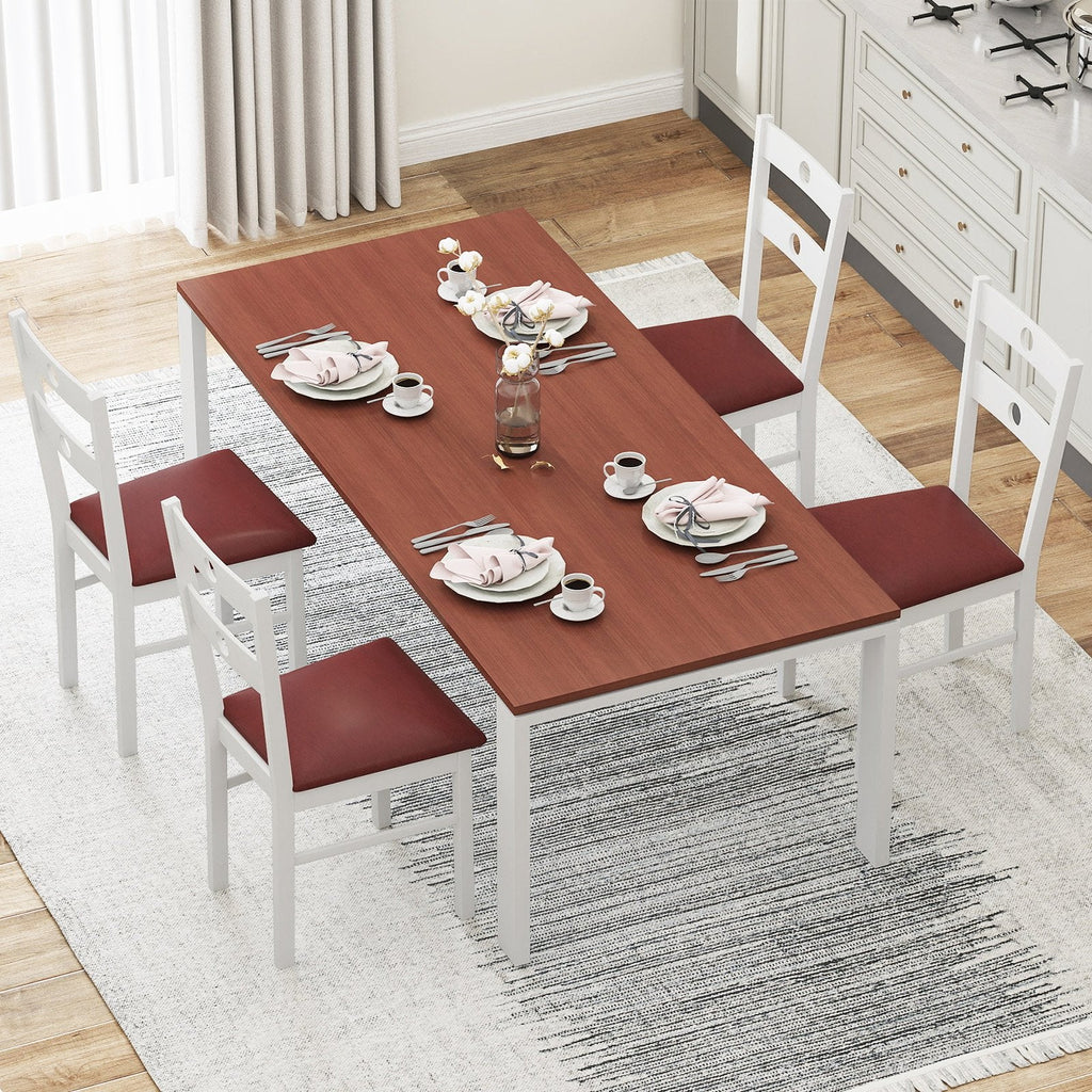 Set of 4 Dining Chairs with Hollowed Back and Burgundy PU Seat, White Rubber Wood