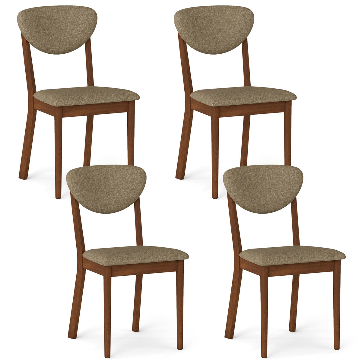 Set of 4 Dining Chairs with Rounded Padded Back and Seat, Walnut and Brown