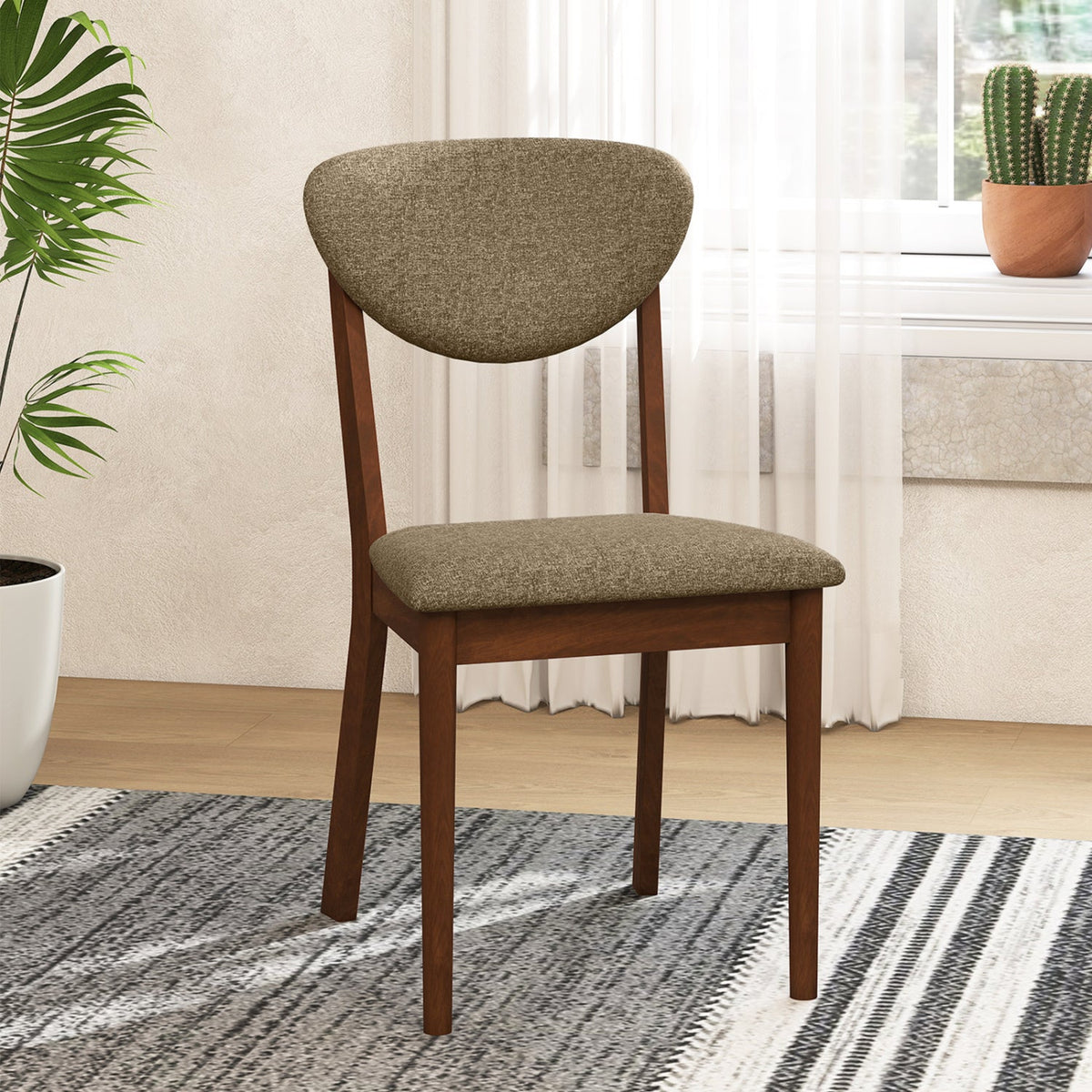 Set of 4 Dining Chairs with Rounded Padded Back and Seat, Walnut and Brown