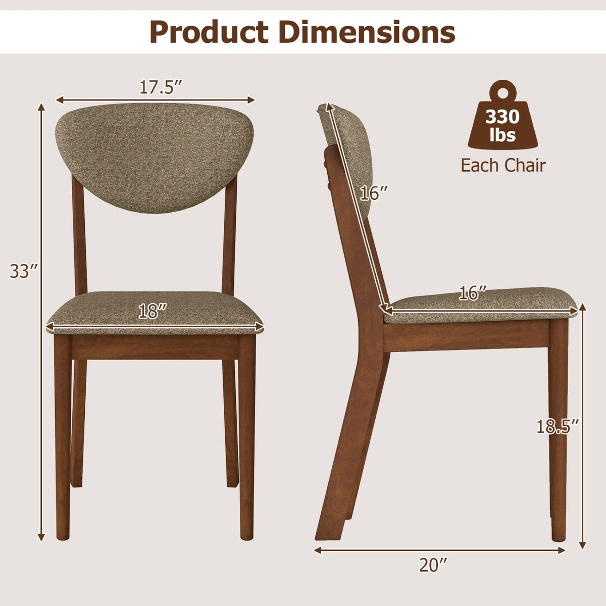 Set of 4 Dining Chairs with Rounded Padded Back and Seat, Walnut and Brown
