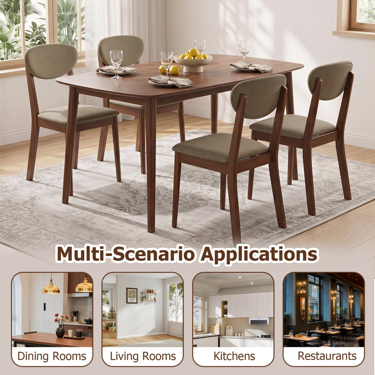 Set of 4 Dining Chairs with Rounded Padded Back and Seat, Walnut and Brown