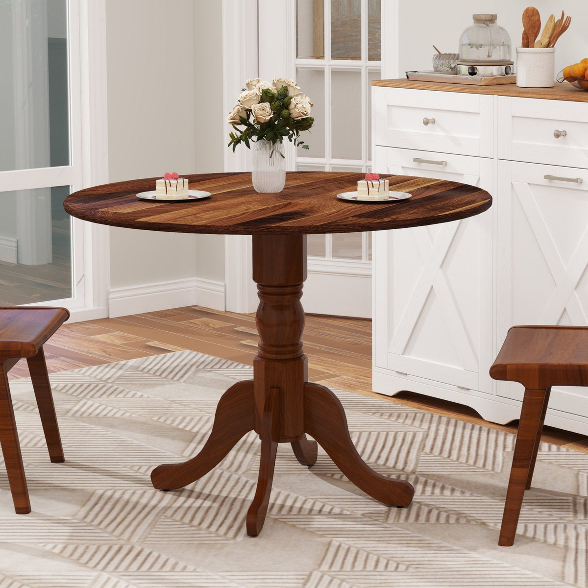 Wooden Dining Table with Round Tabletop and Curved Trestle Legs-Walnut