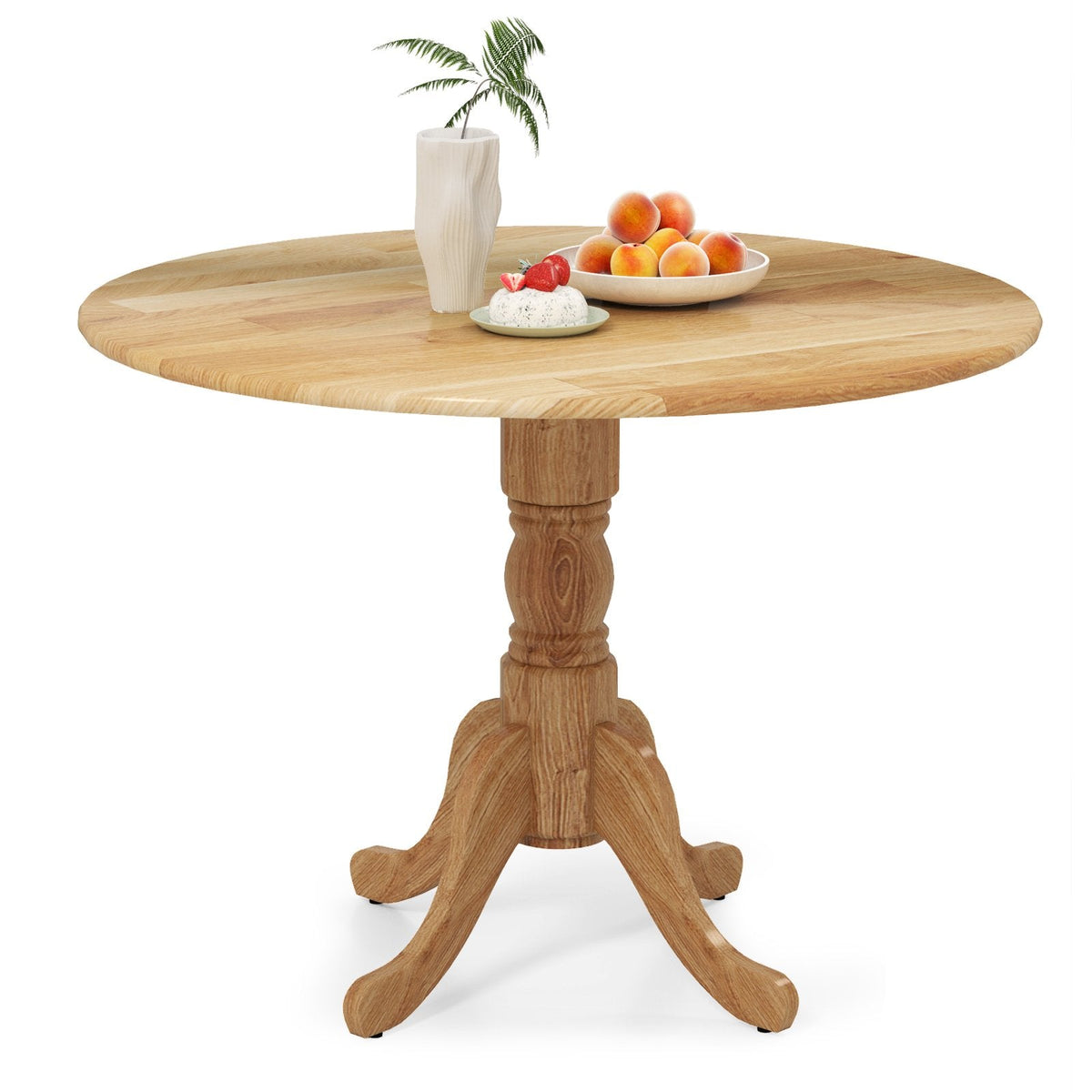 Wooden Dining Table with Round Tabletop and Curved Trestle Legs-Natural