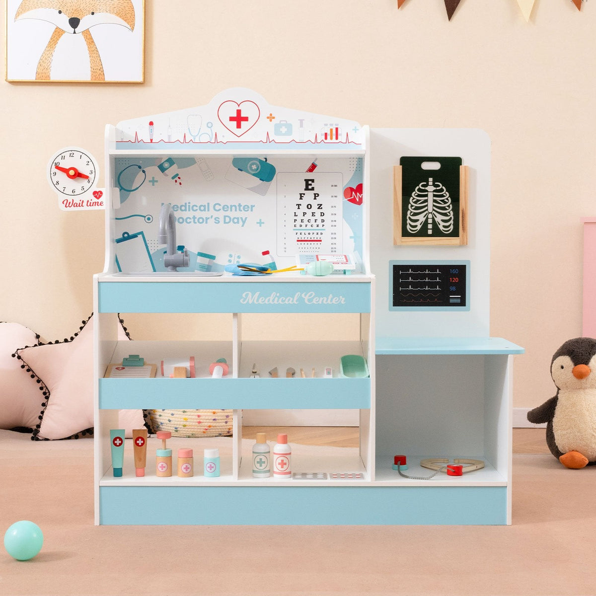 Wooden Doctor Playset with Stethoscope for Toddlers over 3 Years Old-Blue