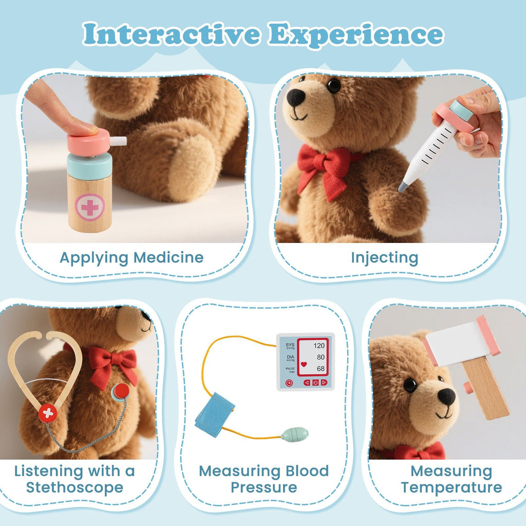 Wooden Doctor Playset with Stethoscope for Toddlers over 3 Years Old-Blue
