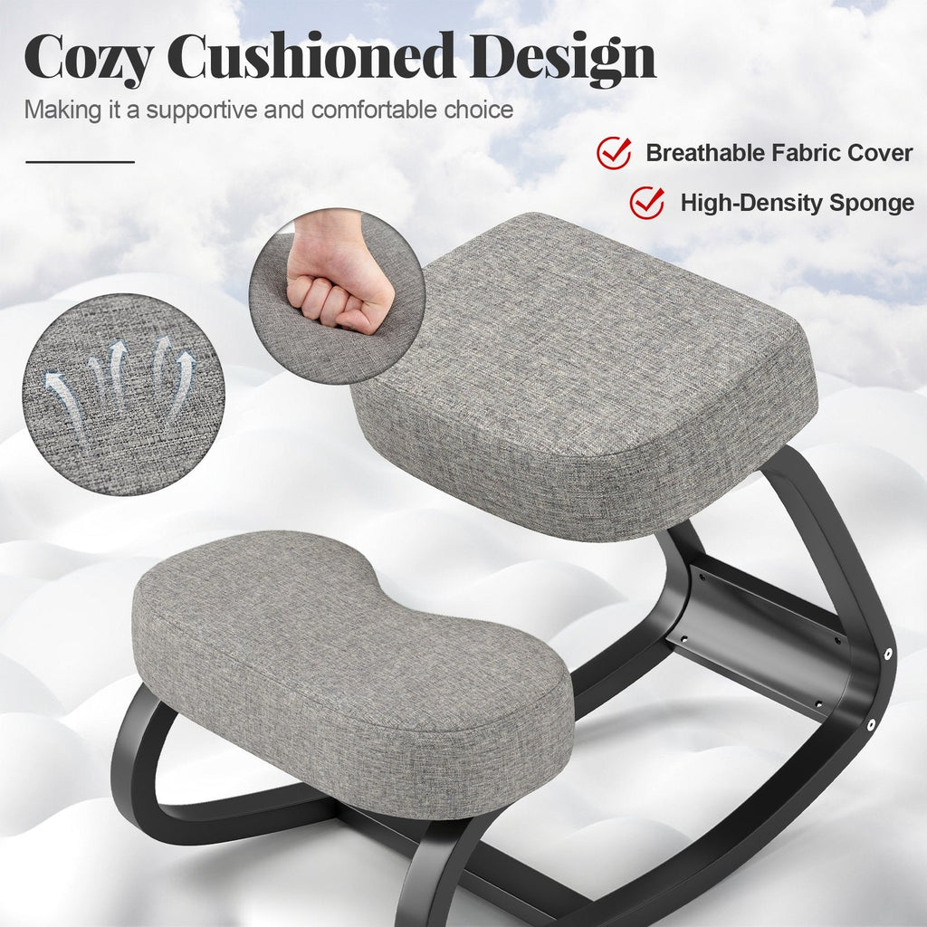 Wooden Ergonomic Rocking Kneeling Backless Chair with Padded Cushion-Grey