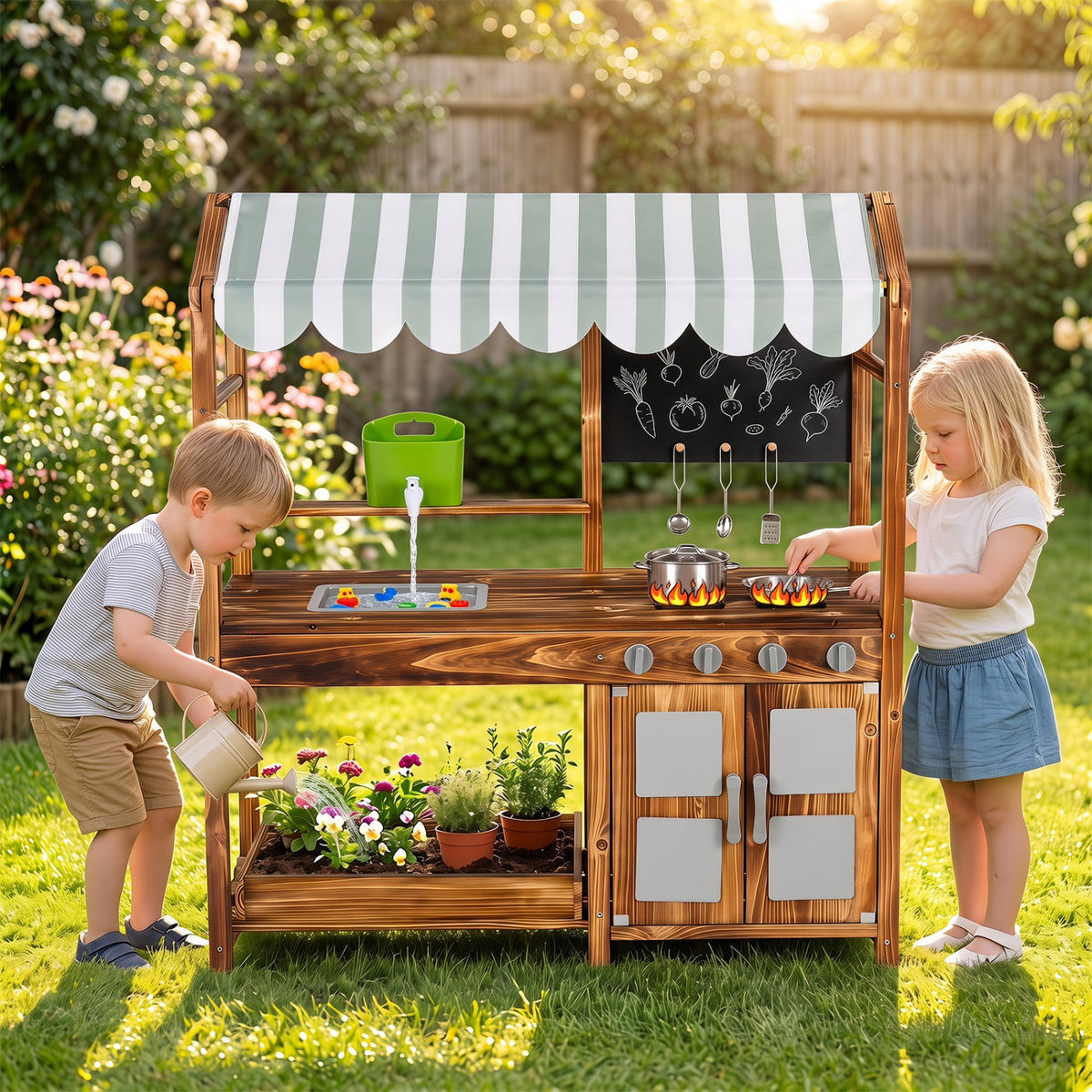 Wooden Kids Mud Kitchen with 8 Accessories and 2-Sided Chalkboard for Boys Girls Ages 3+-Brown