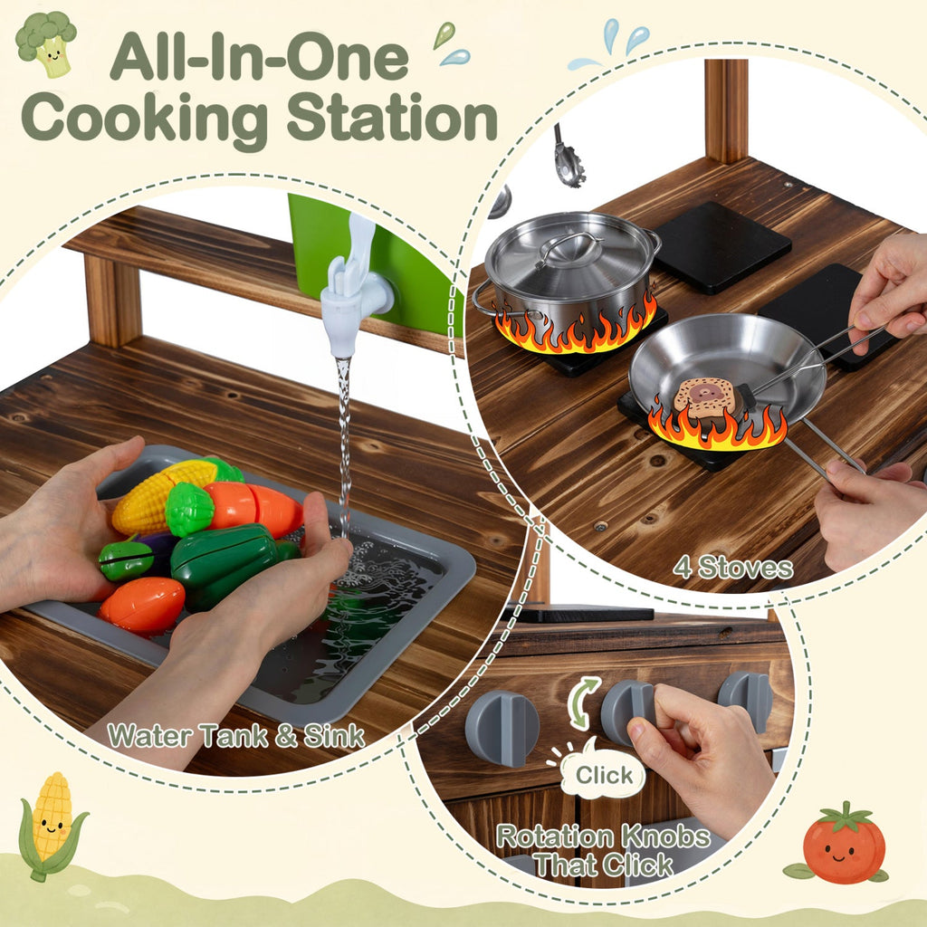Wooden Kids Mud Kitchen with 8 Accessories and 2-Sided Chalkboard for Boys Girls Ages 3+-Brown