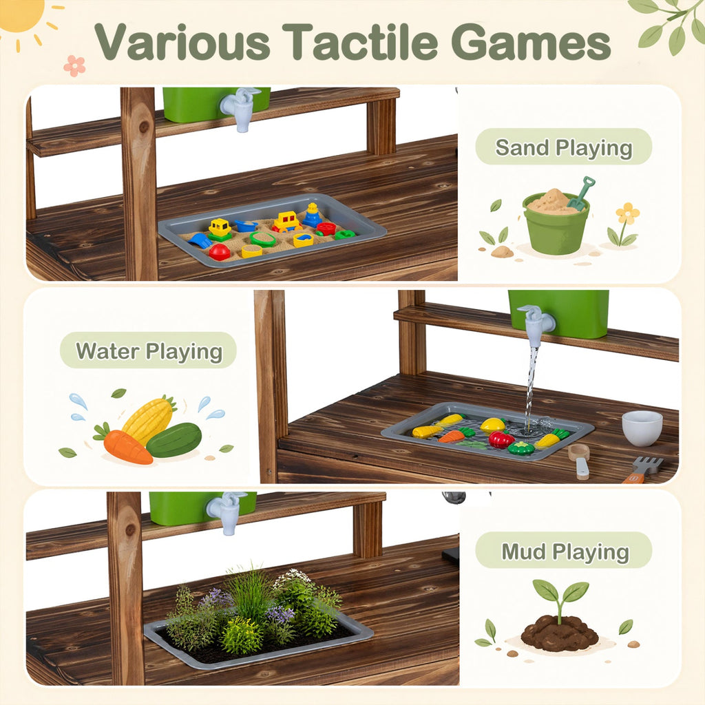 Wooden Kids Mud Kitchen with 8 Accessories and 2-Sided Chalkboard for Boys Girls Ages 3+-Brown