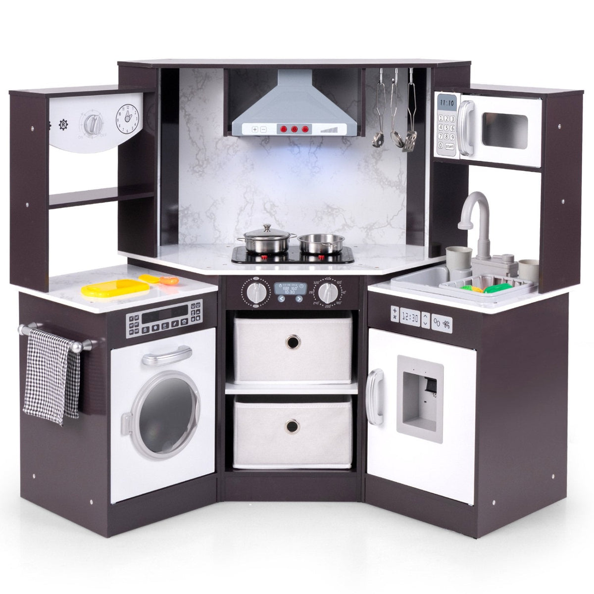 Wooden Kids Play Kitchen Playset with Realistic Lights and Sounds-Coffee
