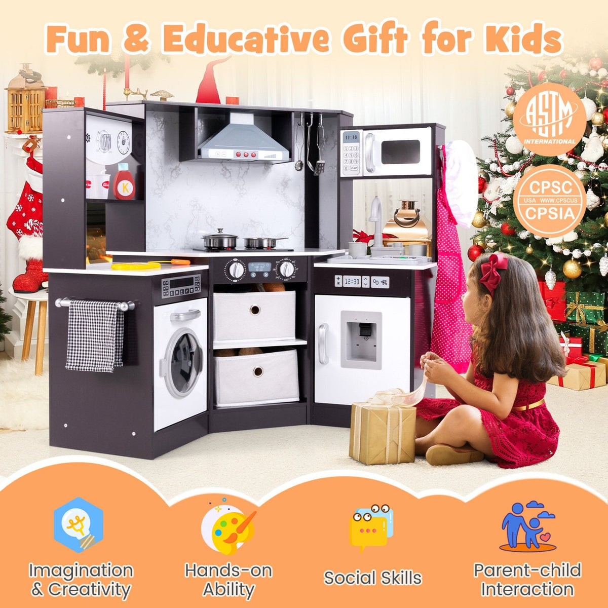 Wooden Kids Play Kitchen Playset with Realistic Lights and Sounds-Coffee