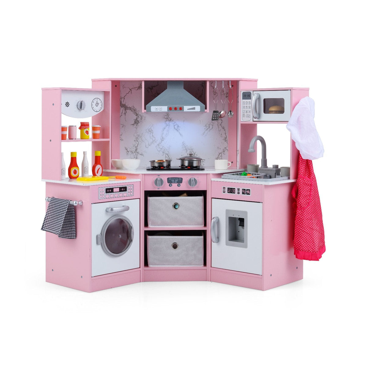 Wooden Kids Play Kitchen Playset with Realistic Lights and Sounds-Pink