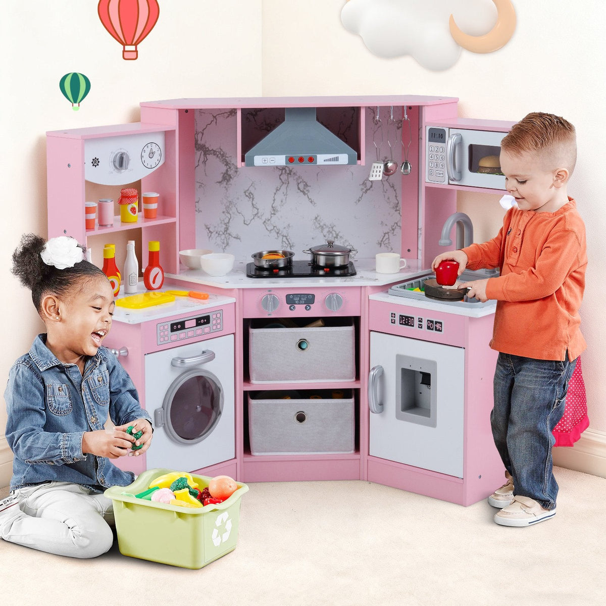 Wooden Kids Play Kitchen Playset with Realistic Lights and Sounds-Pink