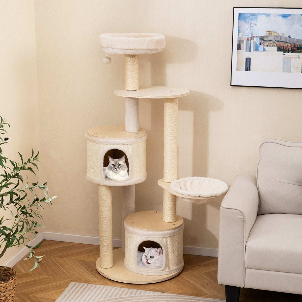 60 Inch Cat Tower with Two Bamboo Lined Condos and a Cozy Basket