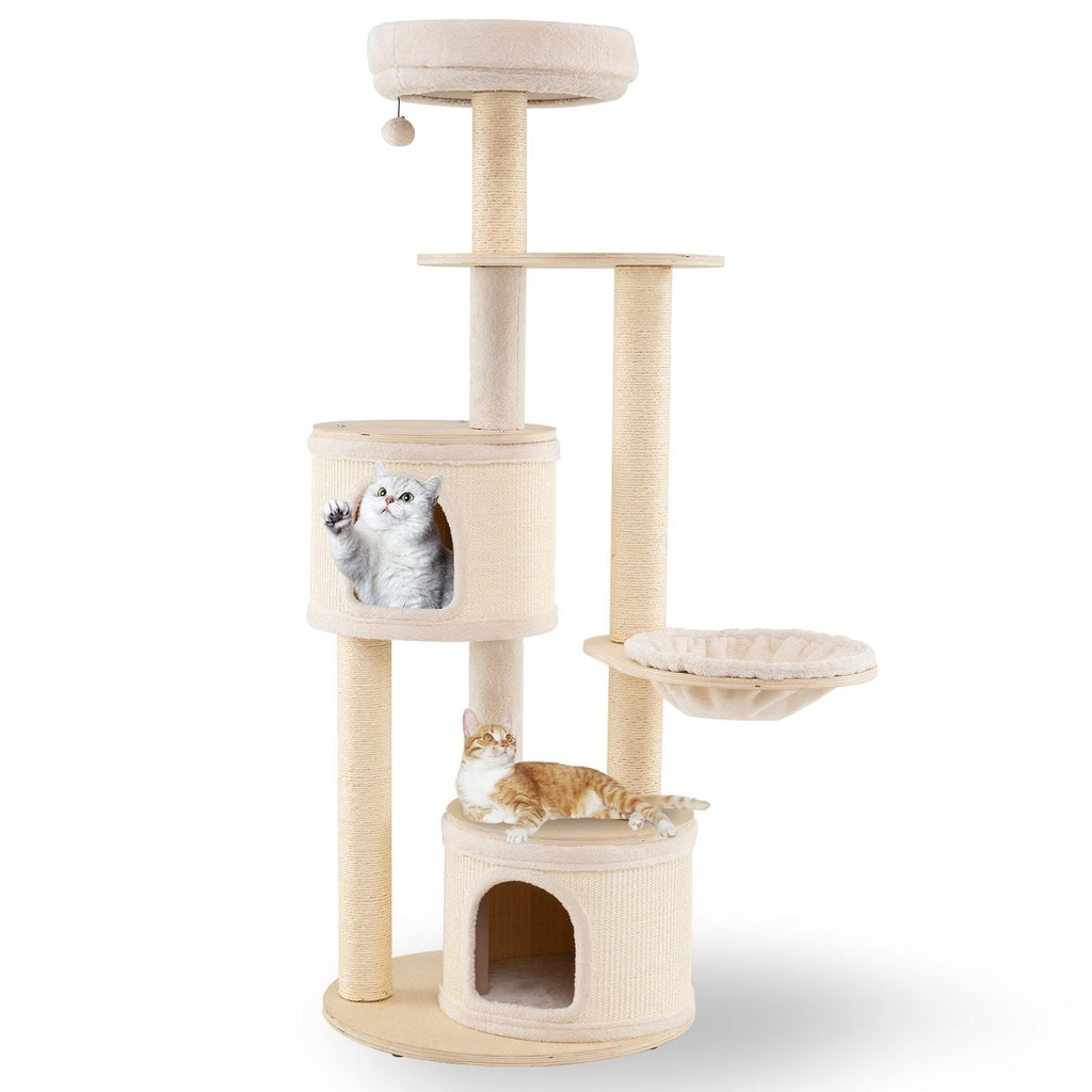 60 Inch Cat Tower with Two Bamboo Lined Condos and a Cozy Basket