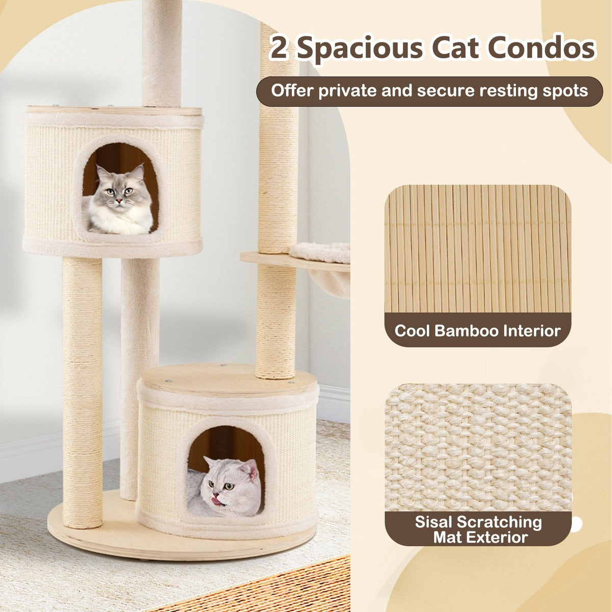 60 Inch Cat Tower with Two Bamboo Lined Condos and a Cozy Basket