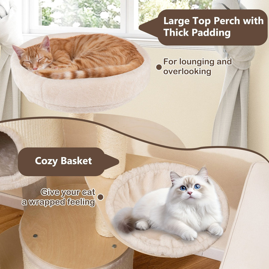60 Inch Cat Tower with Two Bamboo Lined Condos and a Cozy Basket