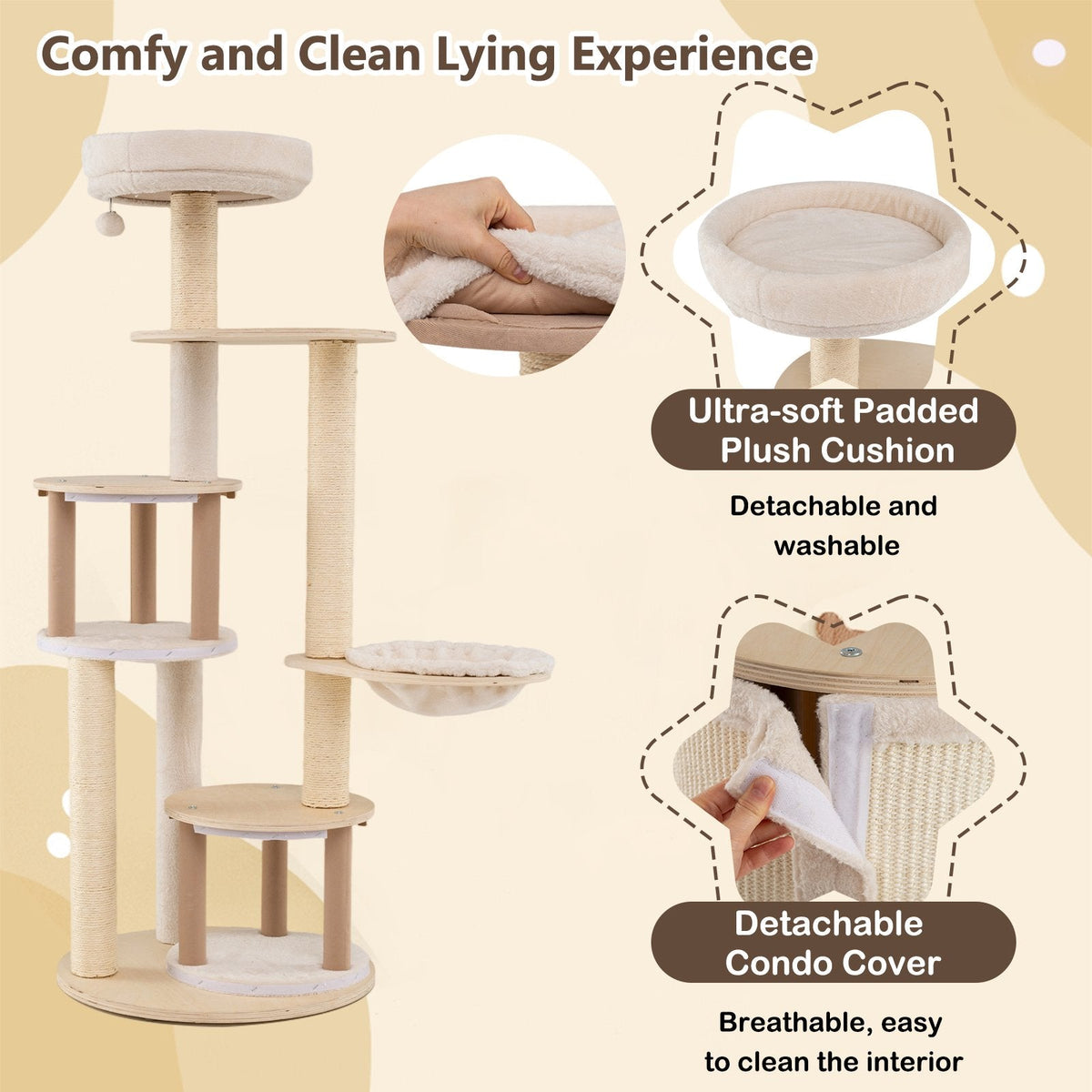 60 Inch Cat Tower with Two Bamboo Lined Condos and a Cozy Basket