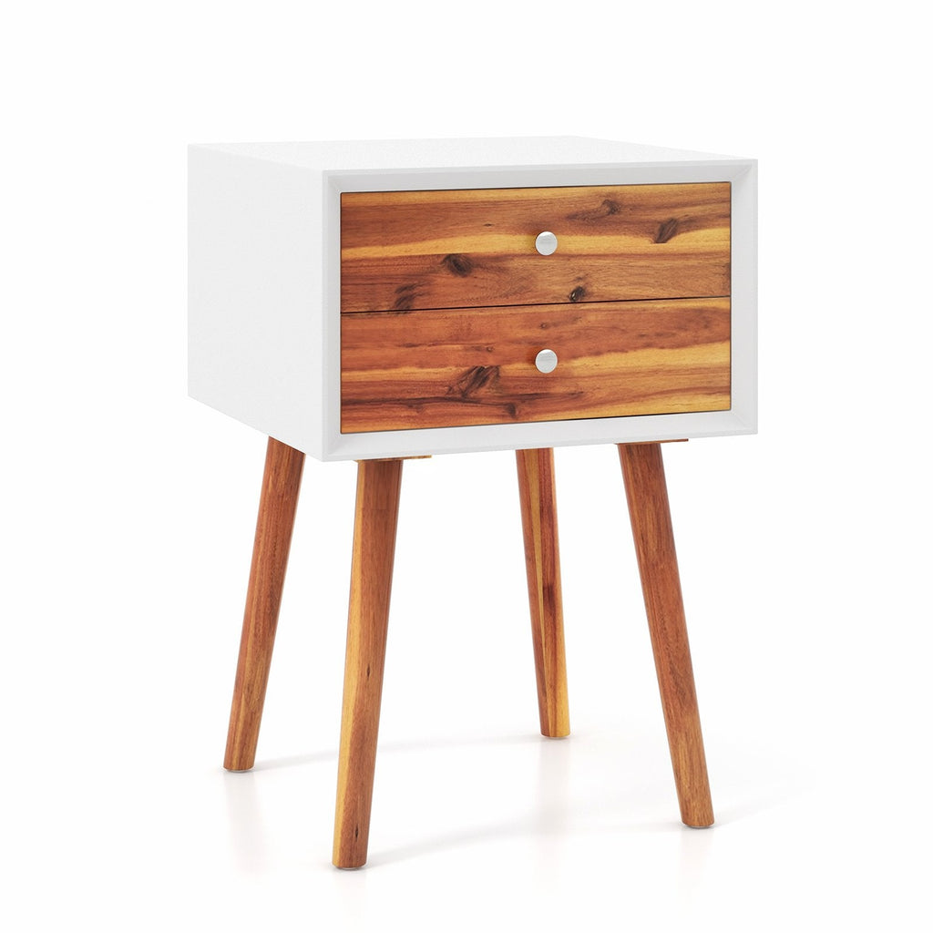 Mid Century Nightstand with 2 Wood Grain Drawers and Rubber Wood Legs