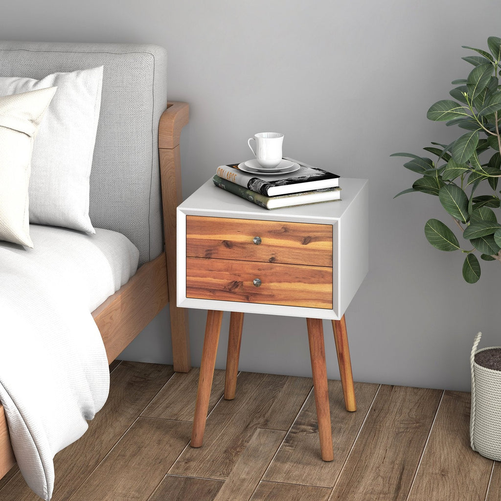 Mid Century Nightstand with 2 Wood Grain Drawers and Rubber Wood Legs