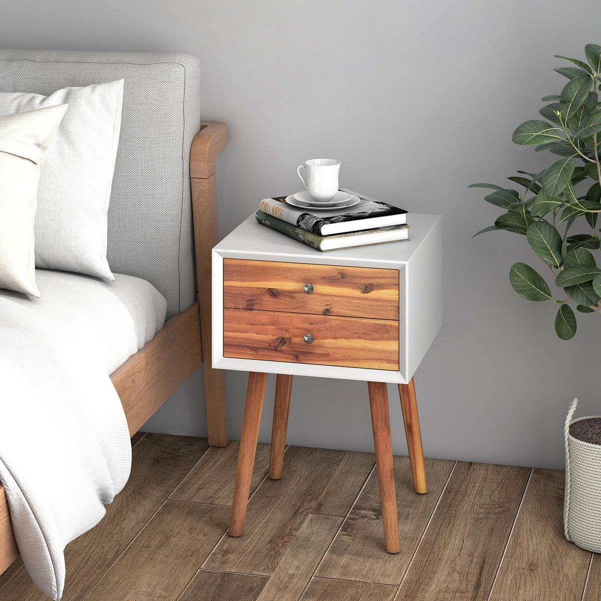 Mid Century Nightstand with 2 Wood Grain Drawers and Rubber Wood Legs