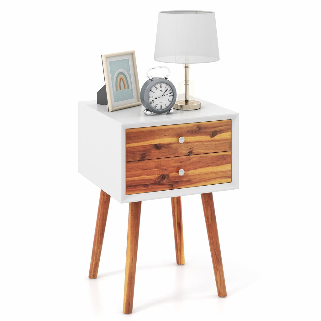 Mid Century Nightstand with 2 Wood Grain Drawers and Rubber Wood Legs