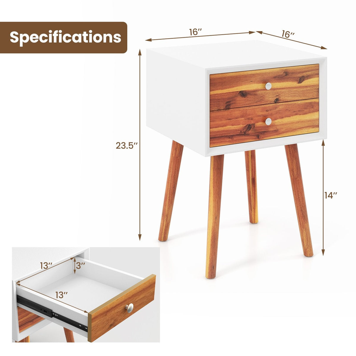 Mid Century Nightstand with 2 Wood Grain Drawers and Rubber Wood Legs