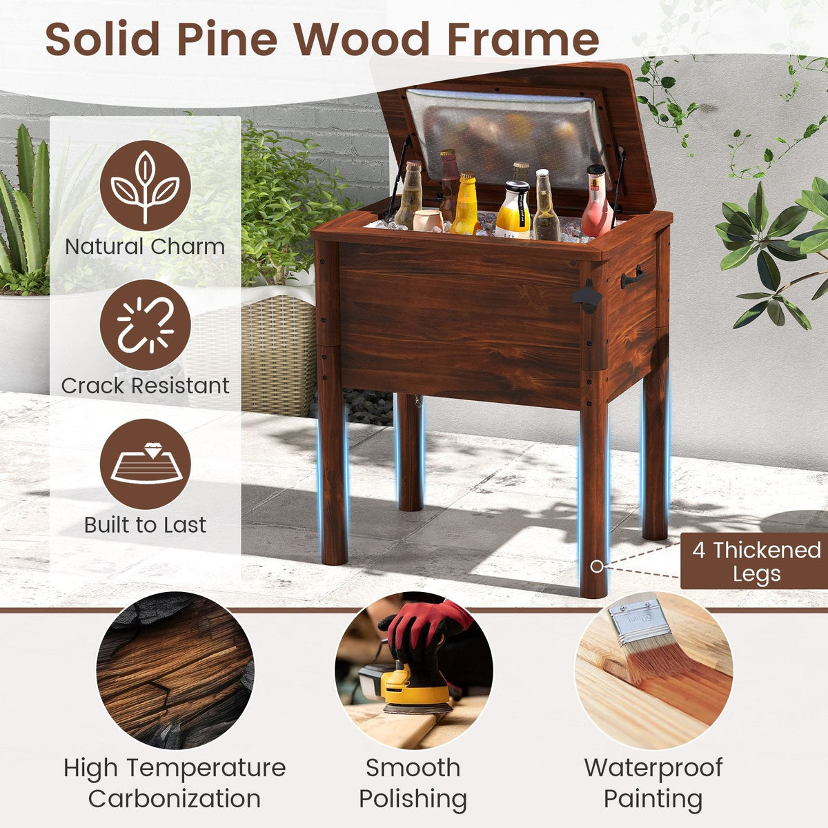 Wooden Patio Cooler with 3 Handles and Bottle Opener-Brown