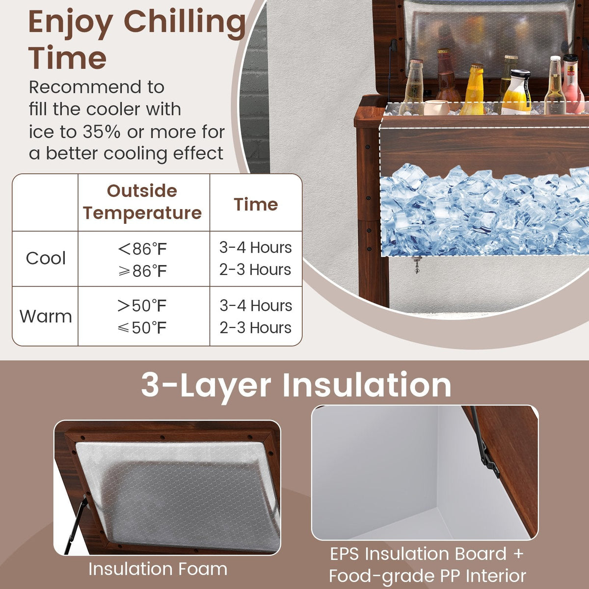Wooden Patio Cooler with 3 Handles and Bottle Opener-Brown