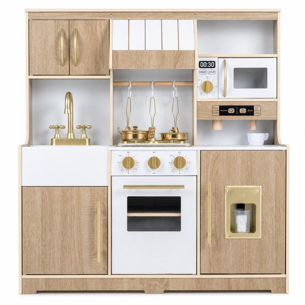 Wooden Play Kitchen with Lights & Sounds and Ice Maker Stove Sink for Toddlers-Natural