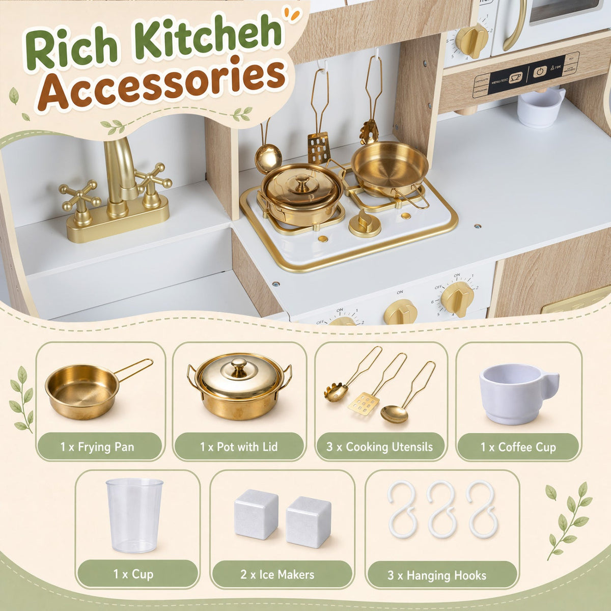 Wooden Play Kitchen with Lights & Sounds and Ice Maker Stove Sink for Toddlers-Natural
