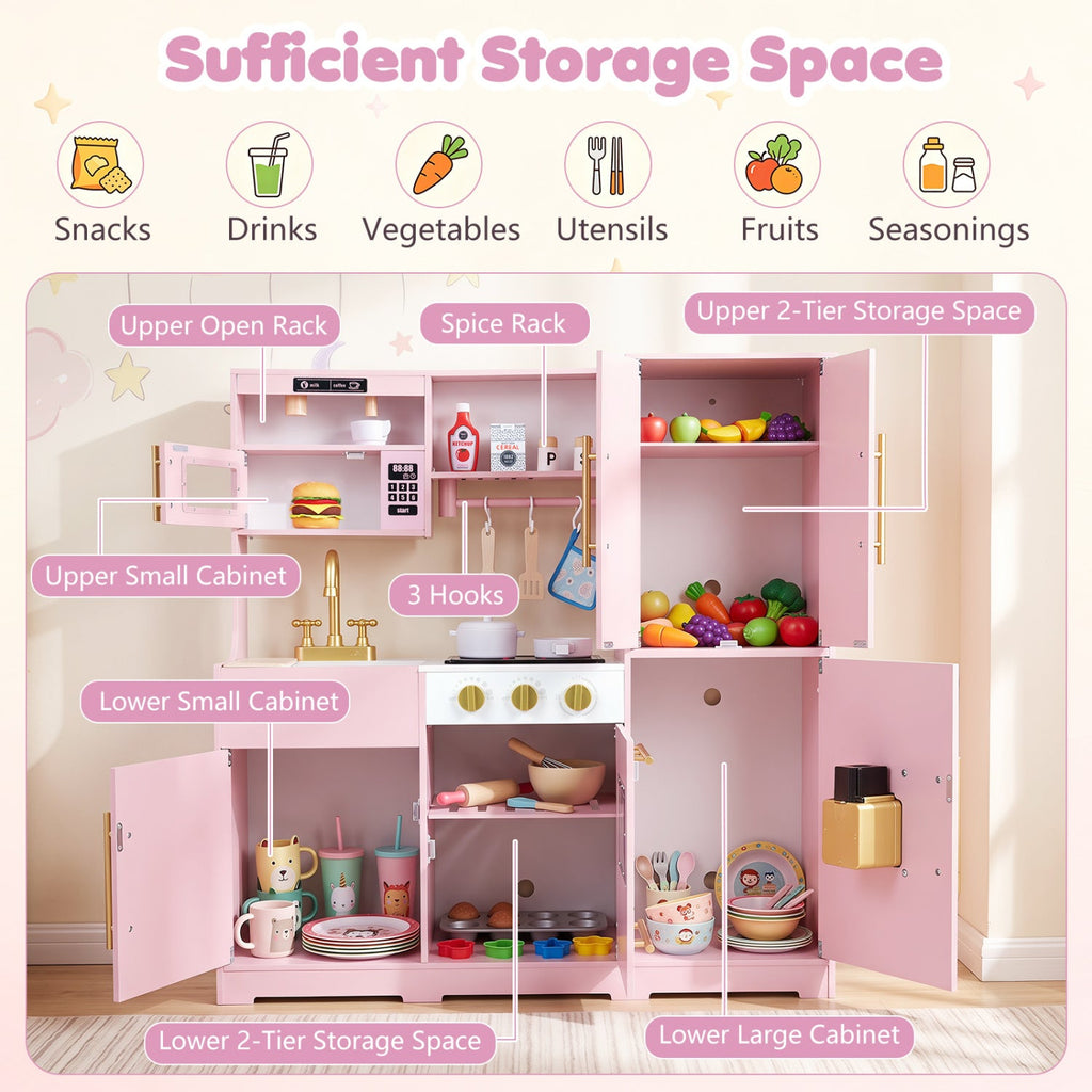 Wooden Play Kitchen with Lights & Sounds and Sink Stove Oven for Kids Ages 3+-Pink