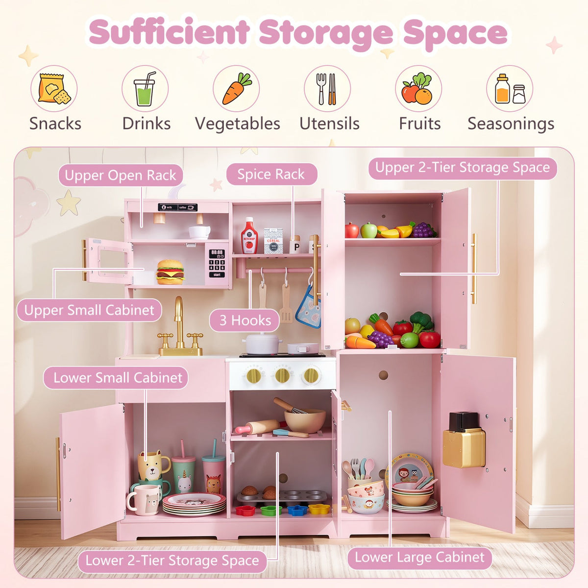 Wooden Play Kitchen with Lights & Sounds and Sink Stove Oven for Kids Ages 3+-Pink