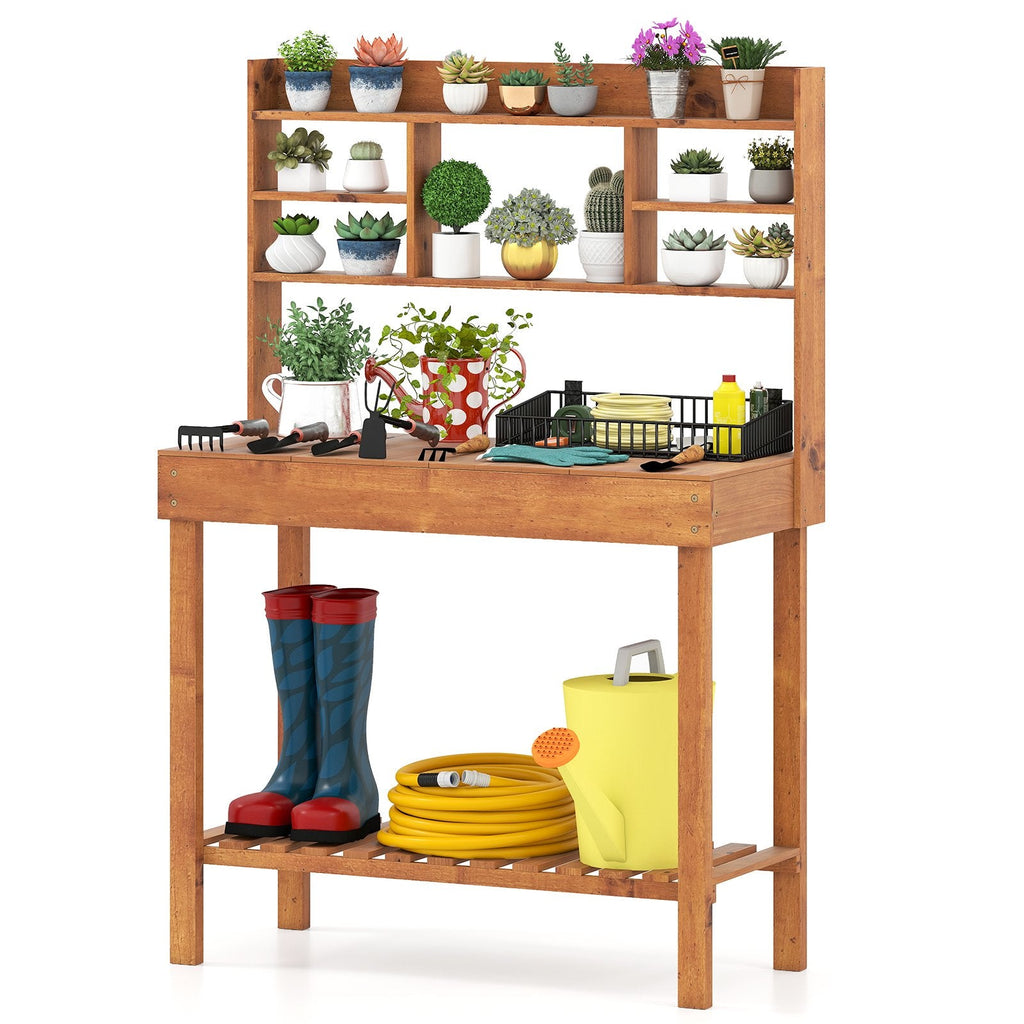 Wooden Potting Bench Table Garden Planting Workstation with 3-Tier Open Shelf-Brown