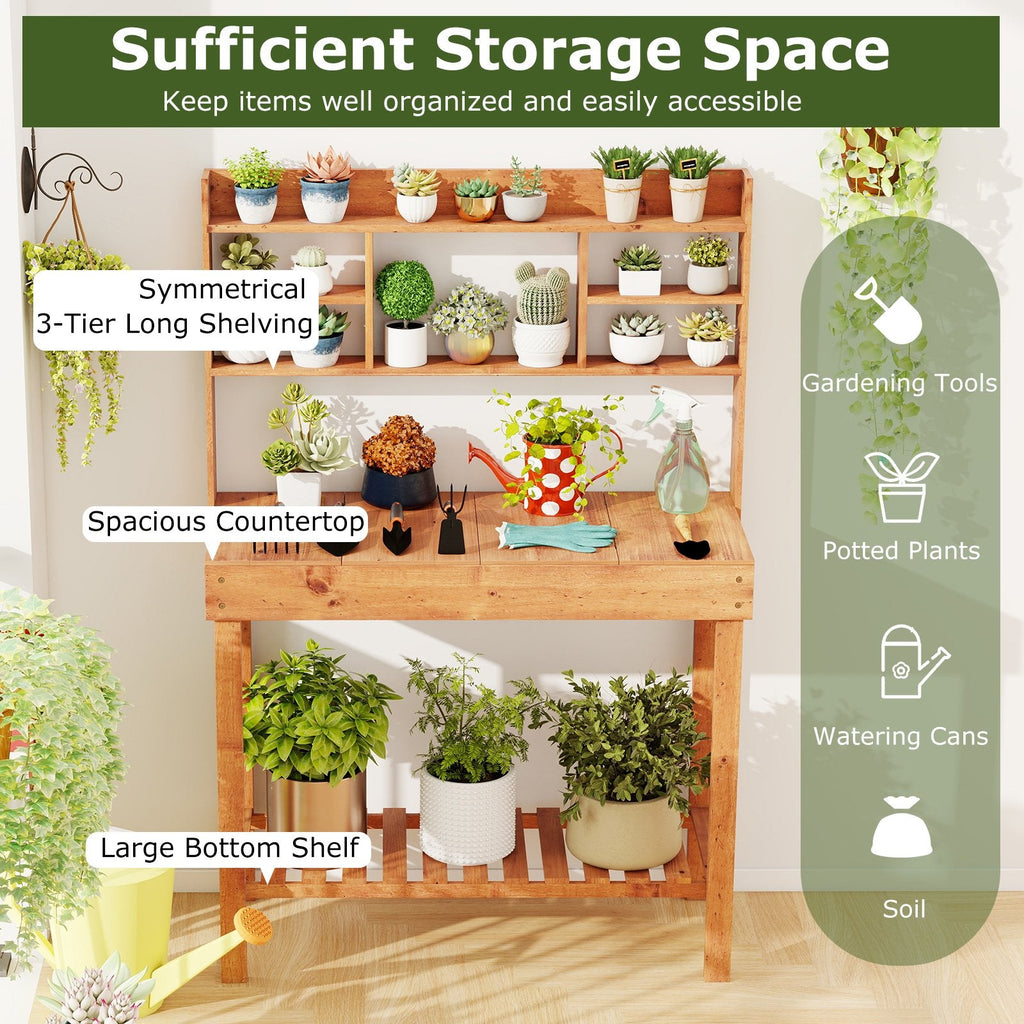 Wooden Potting Bench Table Garden Planting Workstation with 3-Tier Open Shelf-Brown