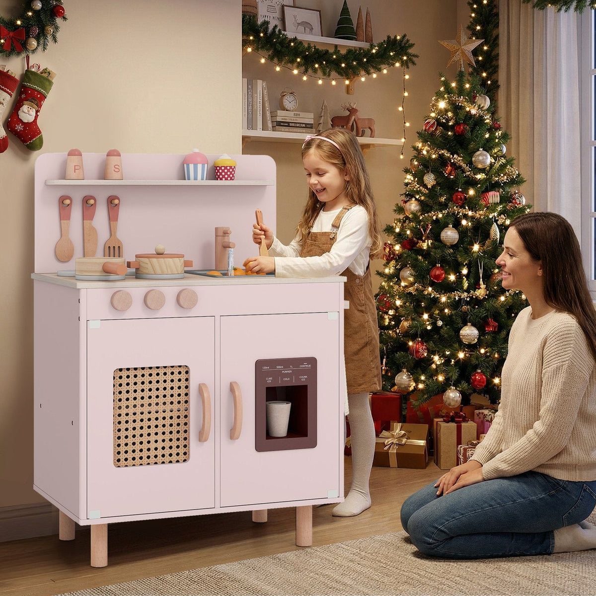 Wooden Pretend Kitchen Playset with Realistic Ice Maker-Pink