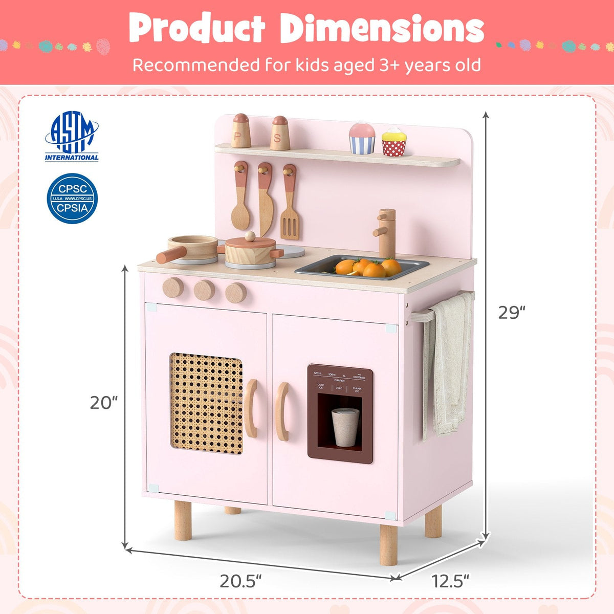 Wooden Pretend Kitchen Playset with Realistic Ice Maker-Pink