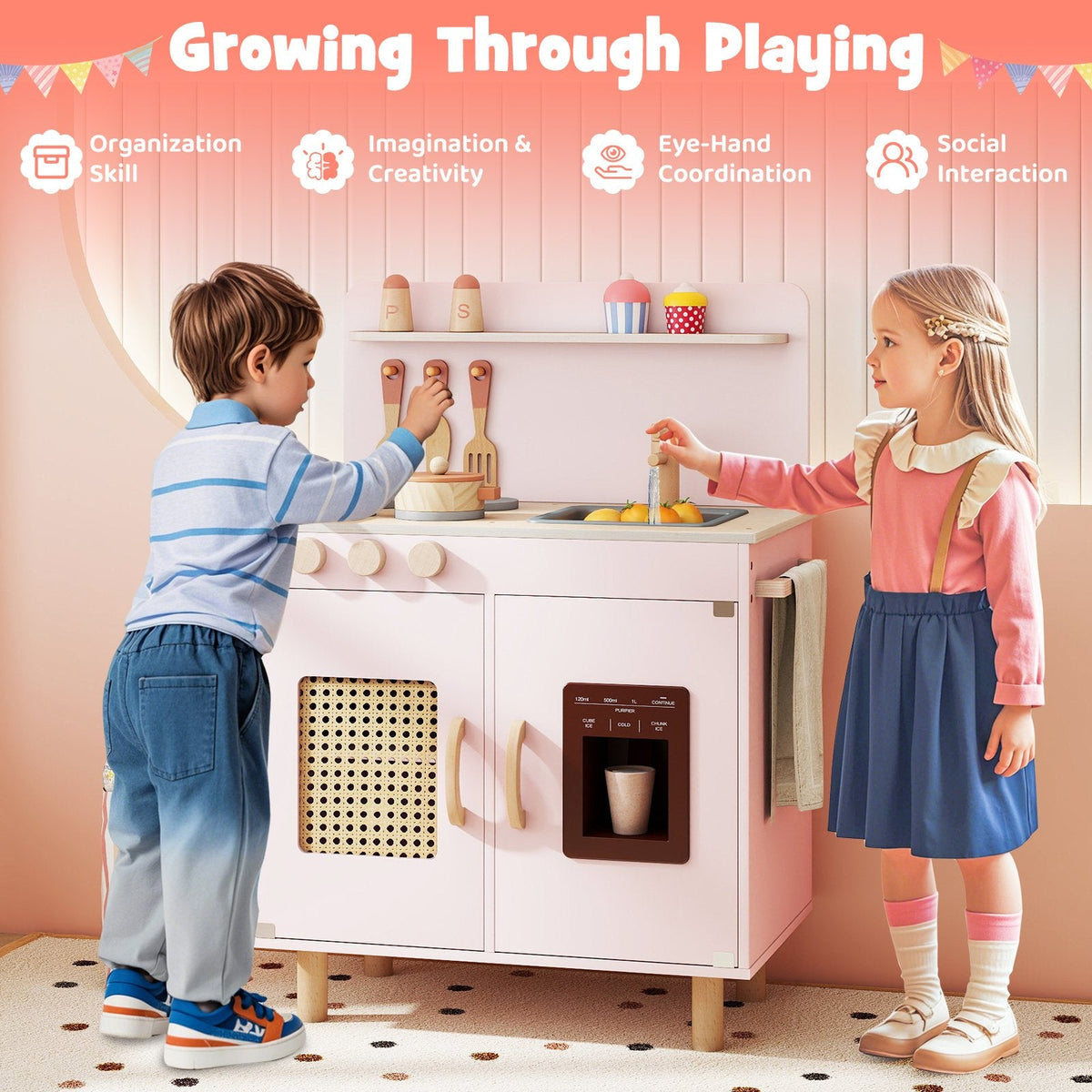 Wooden Pretend Kitchen Playset with Realistic Ice Maker-Pink
