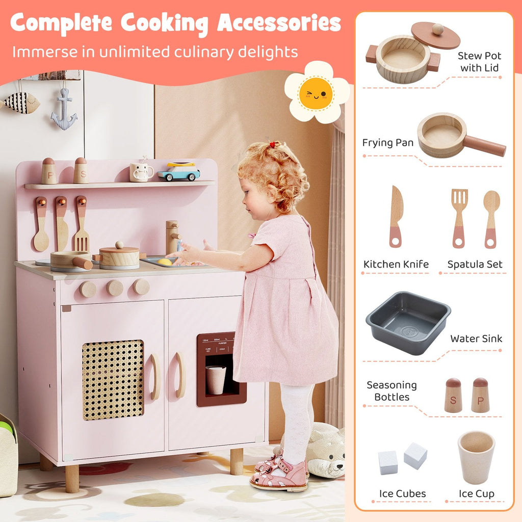 Wooden Pretend Kitchen Playset with Realistic Ice Maker-Pink