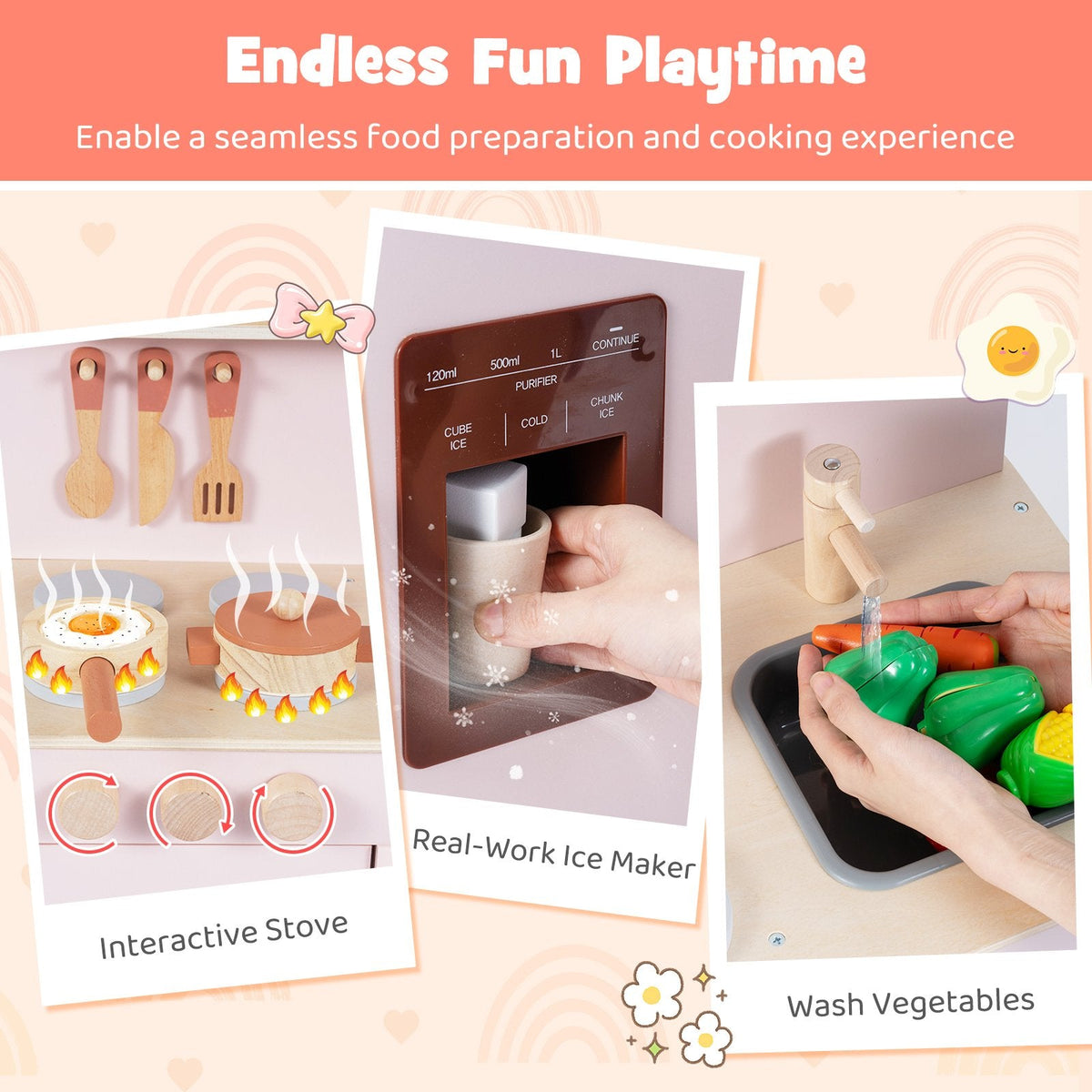 Wooden Pretend Kitchen Playset with Realistic Ice Maker-Pink