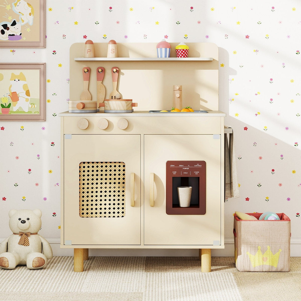 Wooden Pretend Kitchen Playset with Realistic Ice Maker-Yellow