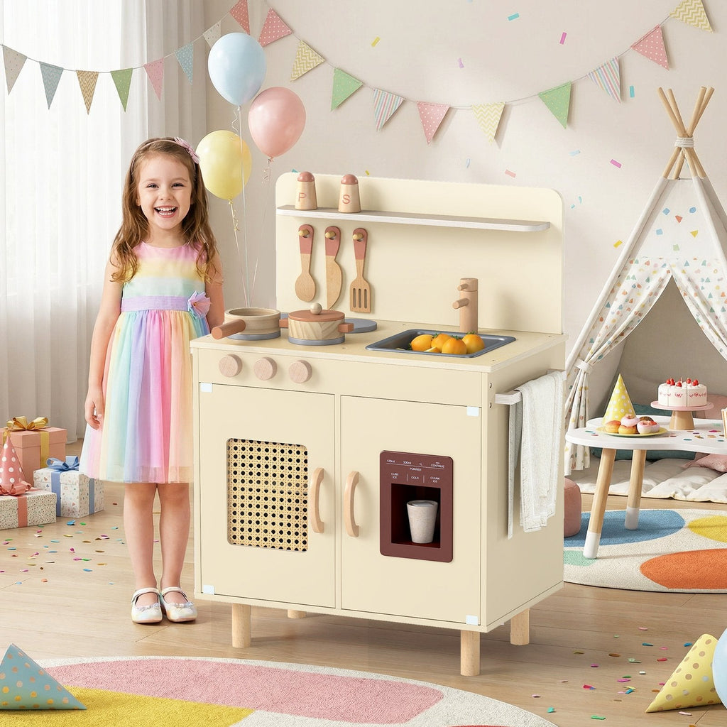 Wooden Pretend Kitchen Playset with Realistic Ice Maker-Yellow