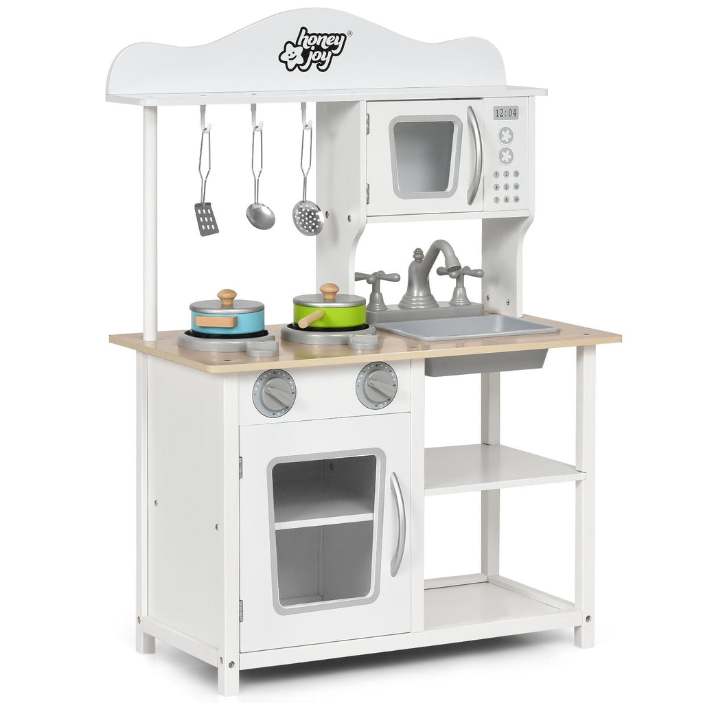 Open Shelf Wooden Play Kitchen for Kids with Removable Sink and Light Up Stove